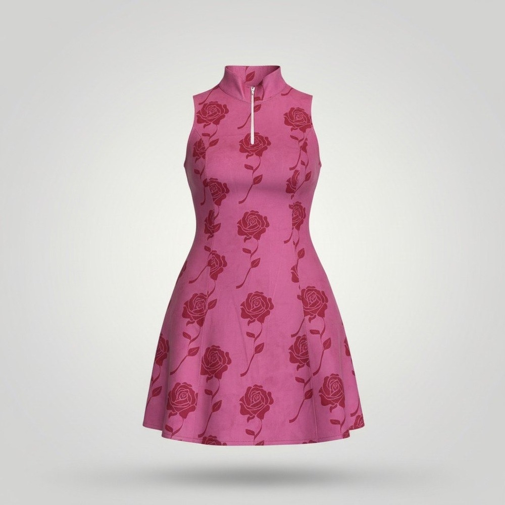 Golf Gentry Rose Floral Golf Dress Womens Small Pink Sleeveless Quarter Zip Mock